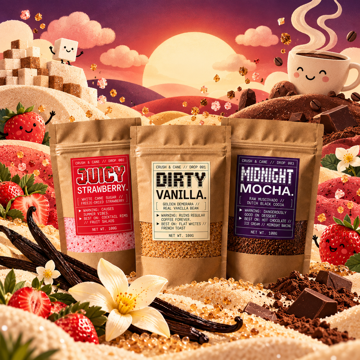 Juicy Strawberry, Dirty Vanilla and Midnight Mocha pouches in a cartoon sugar landscape with vanilla pods, strawberries and chocolate