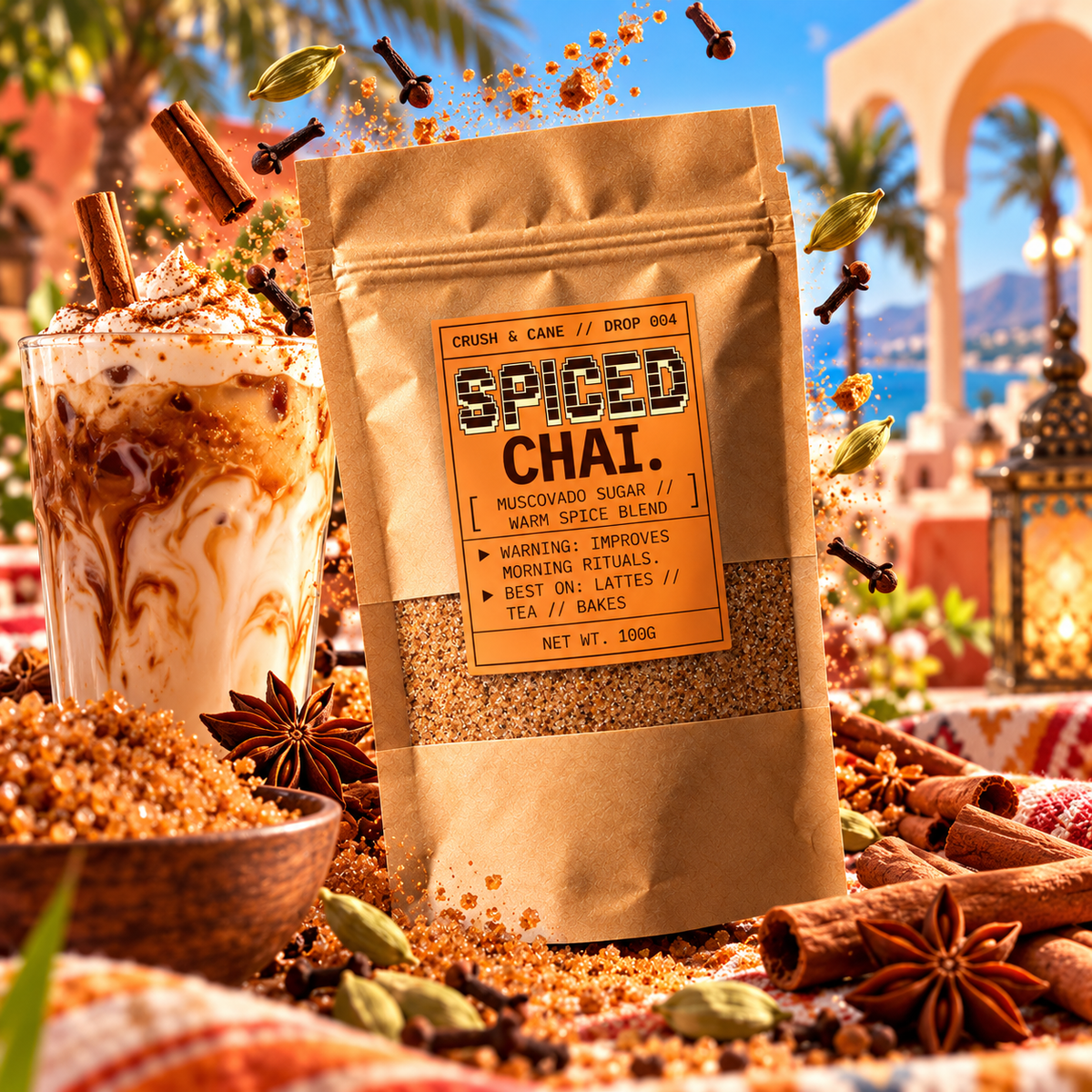 Spiced Chai flavoured sugar pouch on a sunset beach with warm spices
