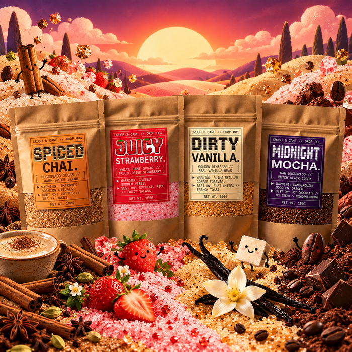 Crush & Cane flavoured sugar pouches on sunset sugar dunes