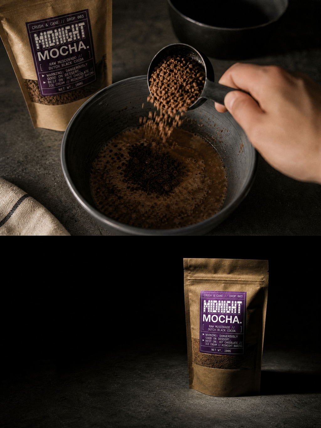 A coffee bag labeled 'Midnight Mocha' is shown in a dark kitchen-like setting with a hand pouring coffee granules from a scoop into a bowl, with the same bag also shown standing in the lower half on a dark background.