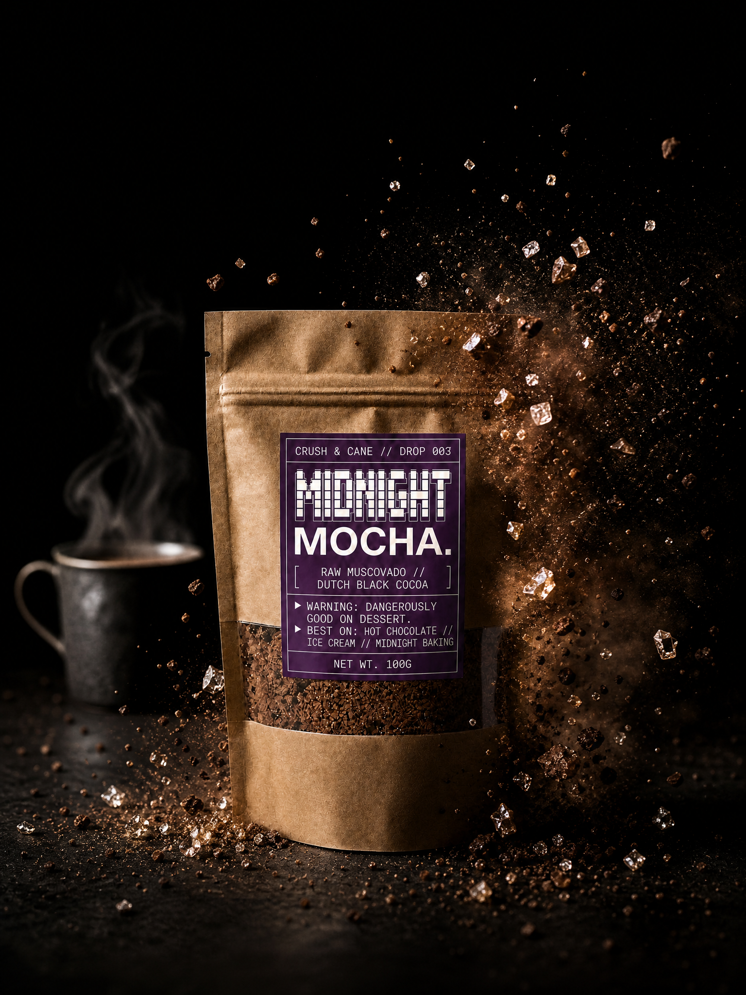 A kraft paper pouch of Midnight Mocha coffee beans with a dark purple label, set against a dark background with dramatic coffee powder splashes and a steaming mug in the background.