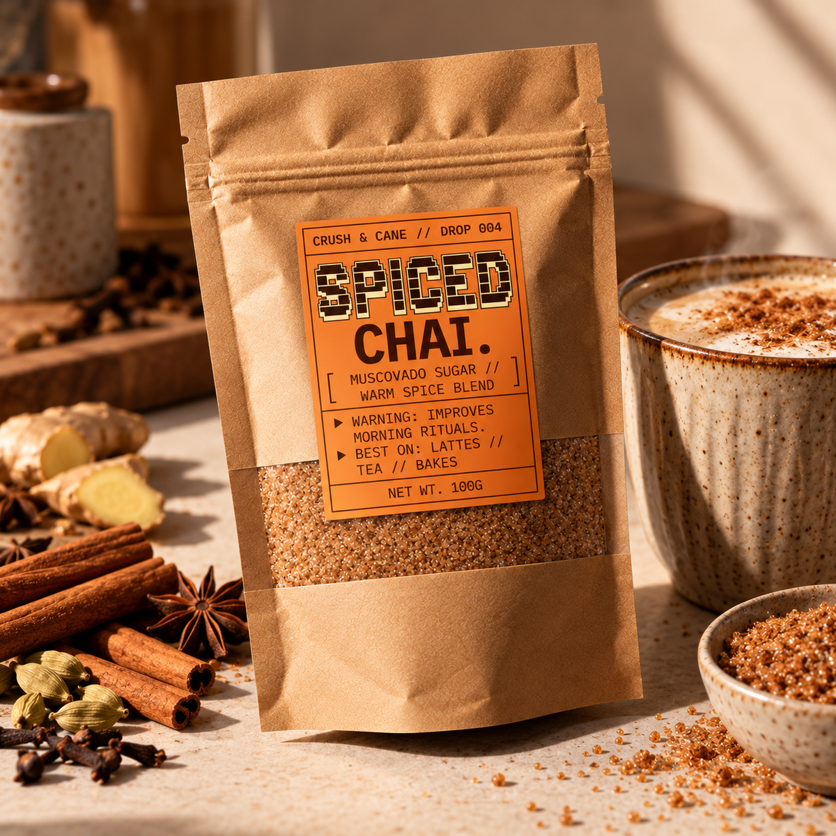 Spiced Chai flavoured sugar with warm chai spices