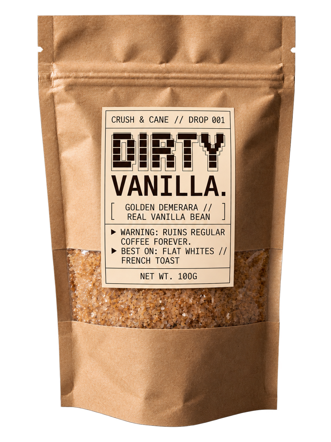 Dirty Vanilla flavoured sugar in a 100g kraft pouch