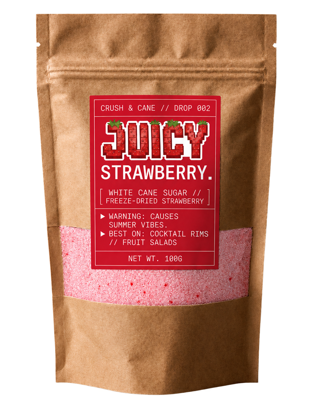 Juicy Strawberry flavoured sugar in a 100g kraft pouch