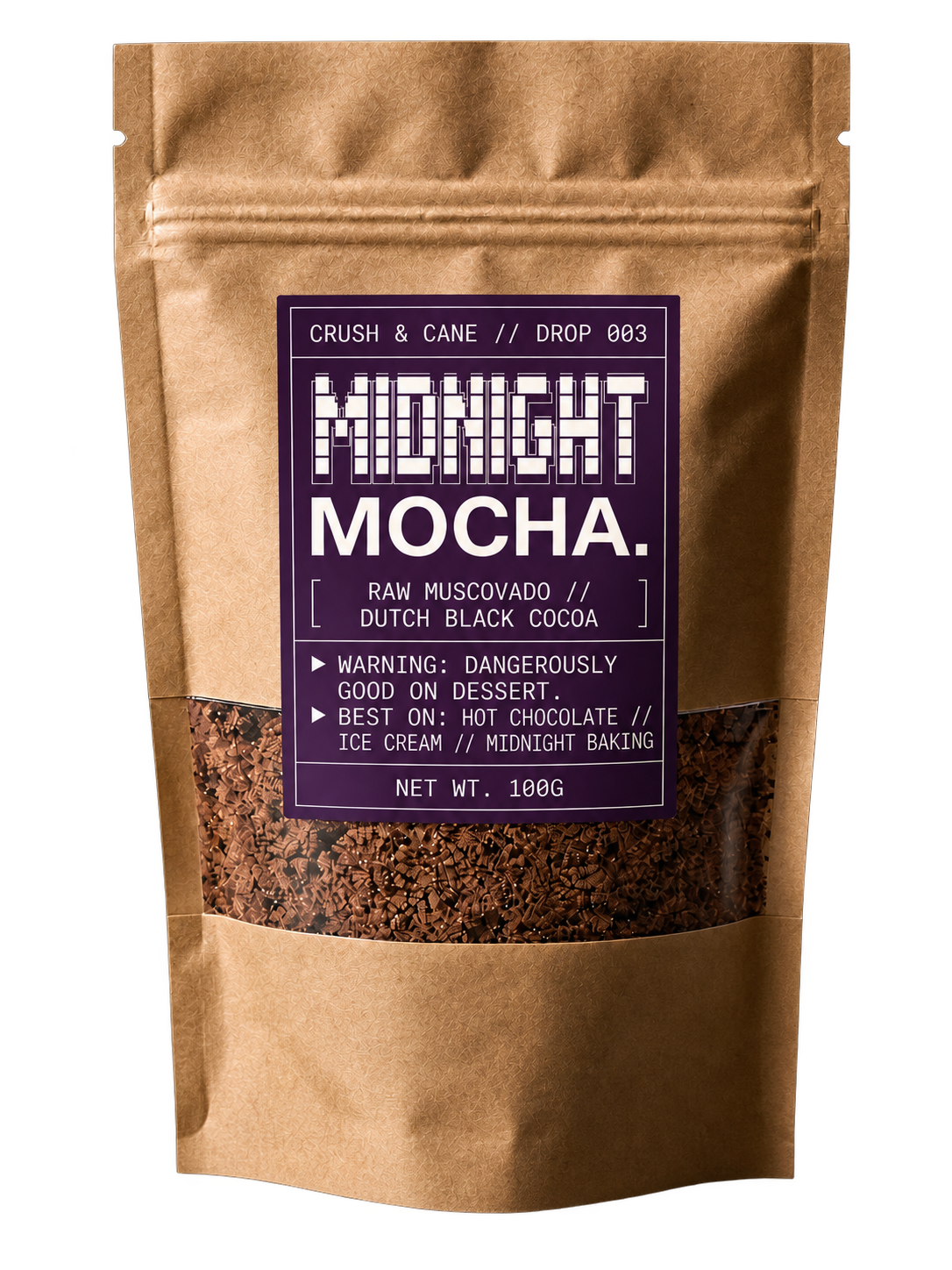 Midnight Mocha flavoured sugar in a 100g kraft pouch