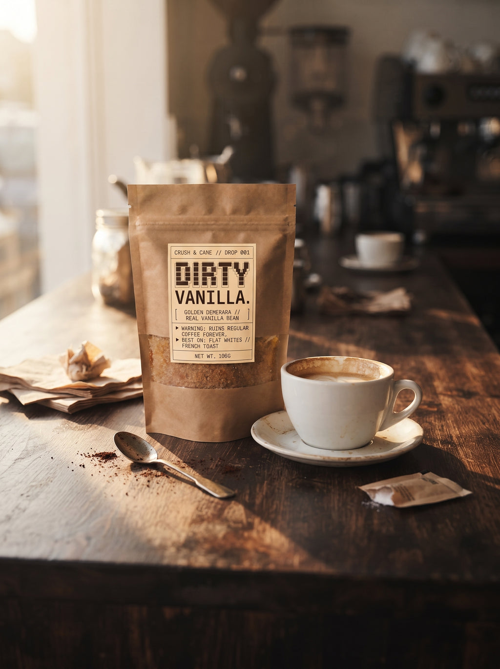 A kraft paper pouch labeled 'DIRTY VANILLA.' stands on a rustic wooden table beside a white cup of coffee on a saucer, with a spoon and a small packet nearby in a warm, softly blurred cafe setting.