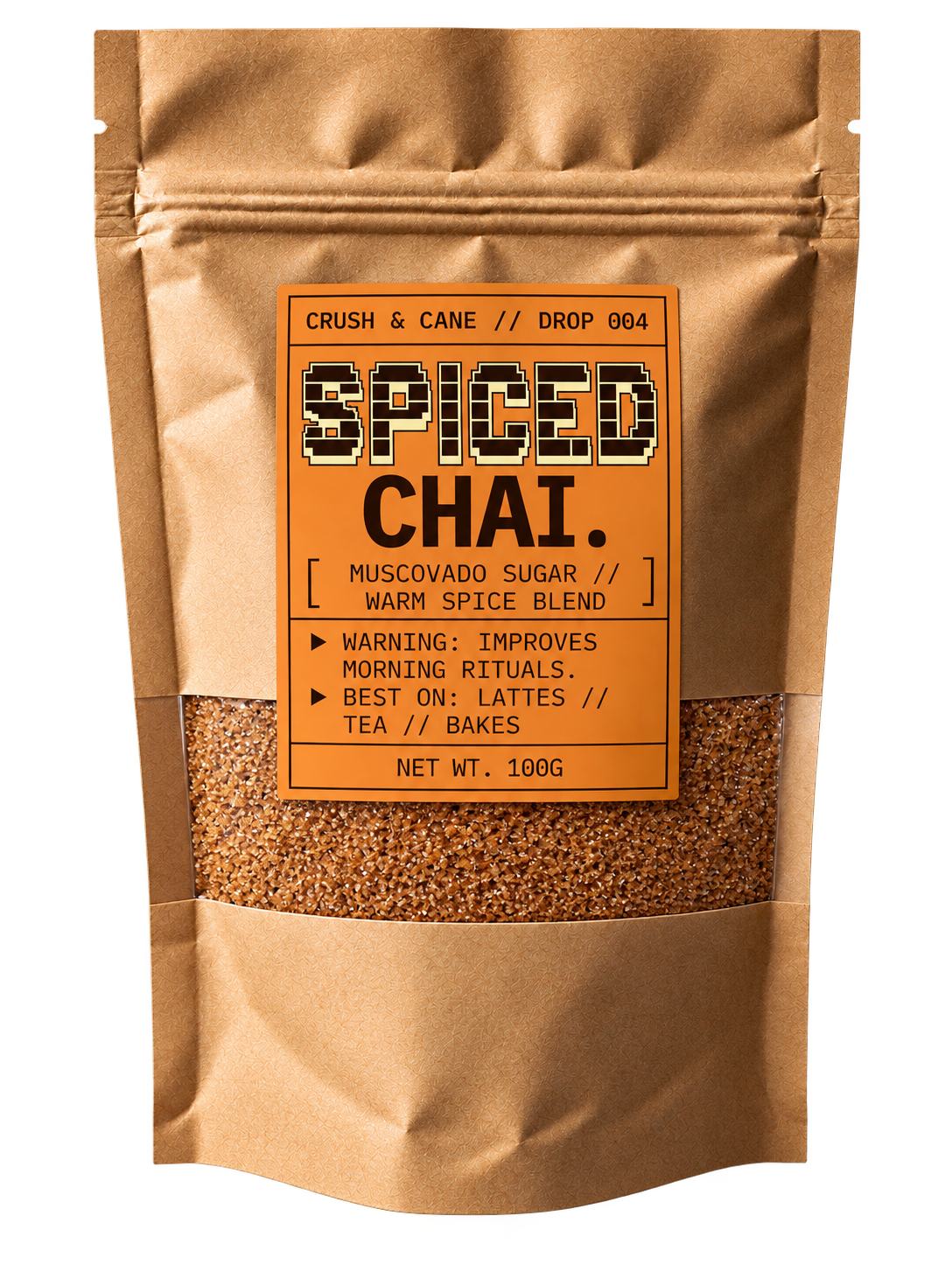 Spiced Chai flavoured sugar in a 100g kraft pouch